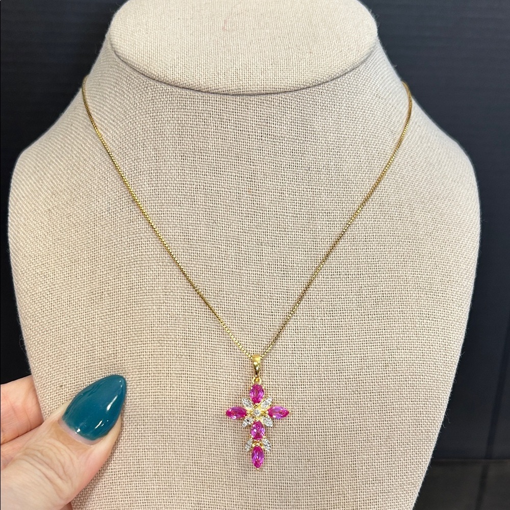 Ross Simons 925 Gold Cross Pendant Necklace with Pink Sapphire Gemstones